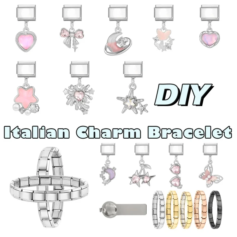 New Y2K Pink Pendant Bow Heart Moon Butterfly Star Italian Charm Links Fit 9mm Stainless Steel Bracelet Women DIY Making Gift
