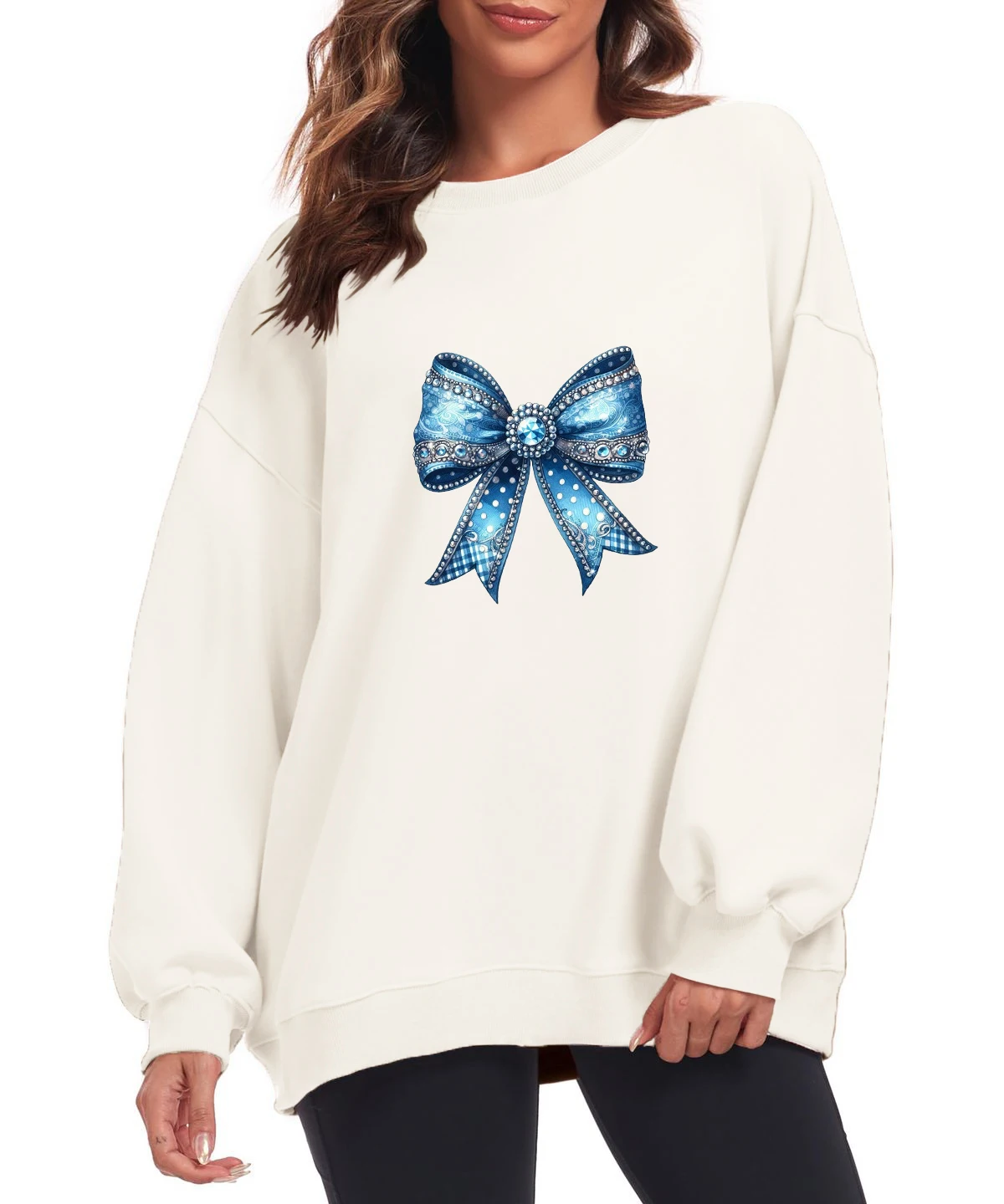 

Round Neck Women's Sweatshirt Long Sleeve Pullovers Velvet Winter Casual Novy God Russian New Year Printed Pattern Sweater