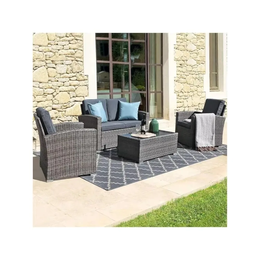 Patio furniture set, outdoor U-shaped patio conversation set, small modular patio sofa set with tempered glass coffee table