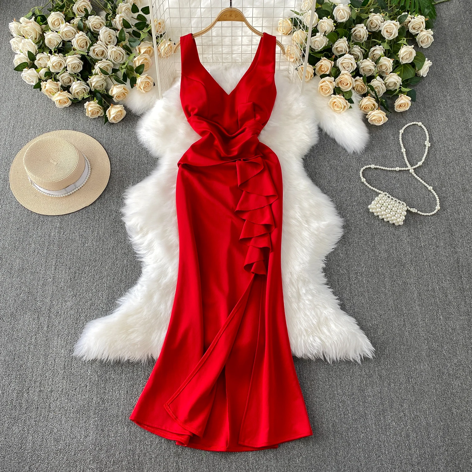 

Elegant ruffle V-neck backless split Slim Party Club Vintage pencil dress Korean Fashion fairycore Women Clothes