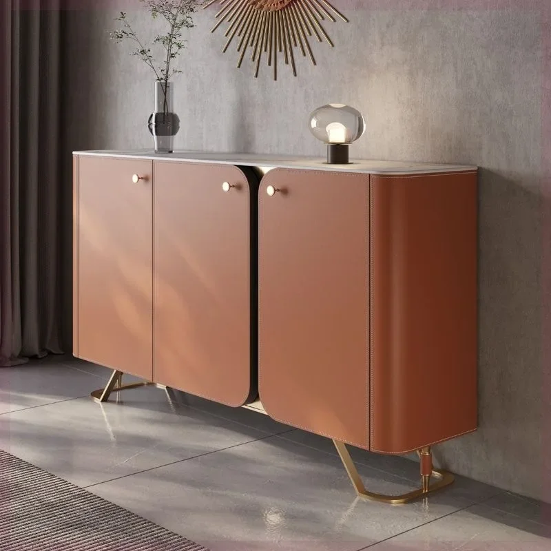 

Rock slab saddle leather dining side cabinet modern simple storage entrance living room home wall integrated light luxury high