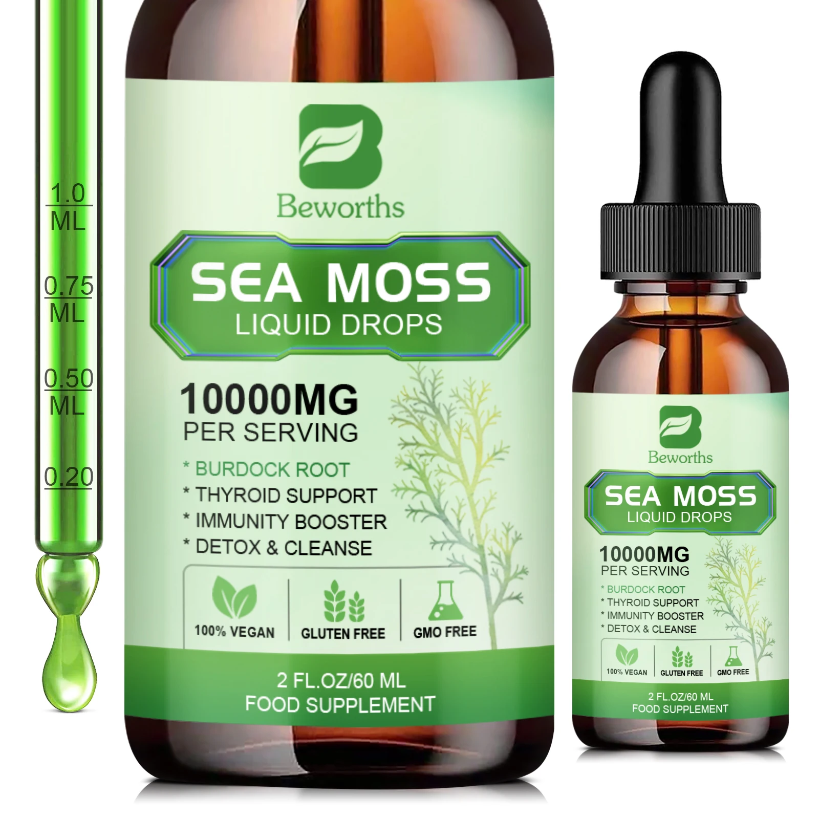 

BEWORTHS 60ML Sea Moss Drop with Spirulina and Burdock Root Support Thyroid and Joint Health Clean Intestines Help Digestion
