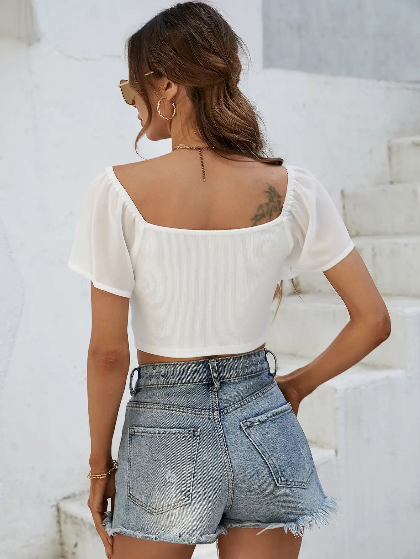 Summer new product temperament short sleeved chiffon top low cut sexy drawstring strap slim fit base shirt