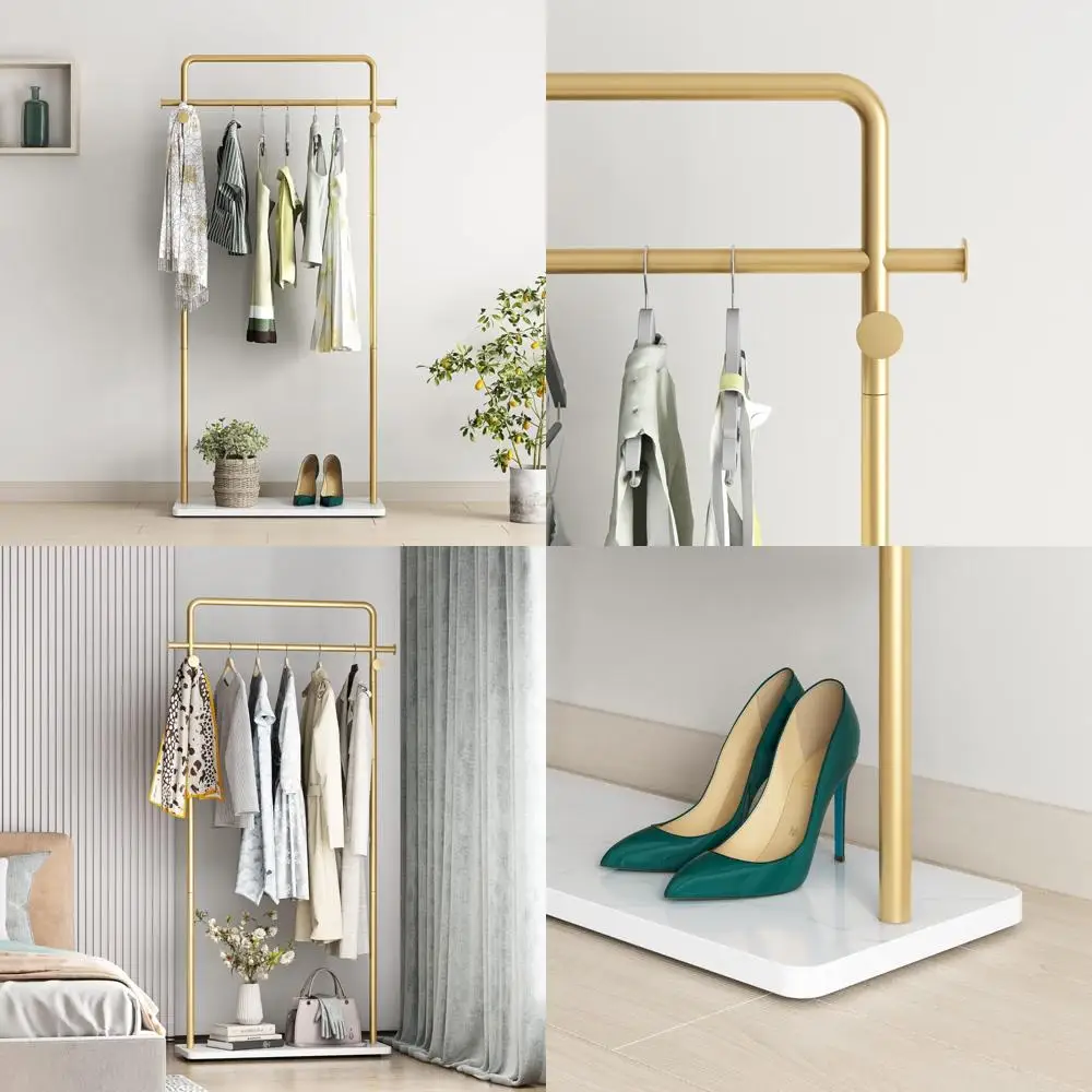 

Sturdy Gold Clothing Racks with Shelves, Premium Free-Standing Metal Racks for Boutiques, Ideal for Hanging Garments
