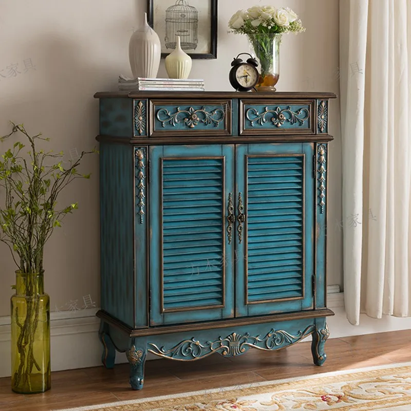 European breathable shoe cabinet household entrance door solid wood American louver retro porch foyer cabinet living room
