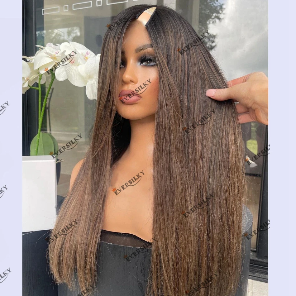Indian Rmey Human Hair 1x4 V Part Wig Easy Install Machine Made Ombre Caramel Brown Silk Straight Human Hair Wig for Black Women