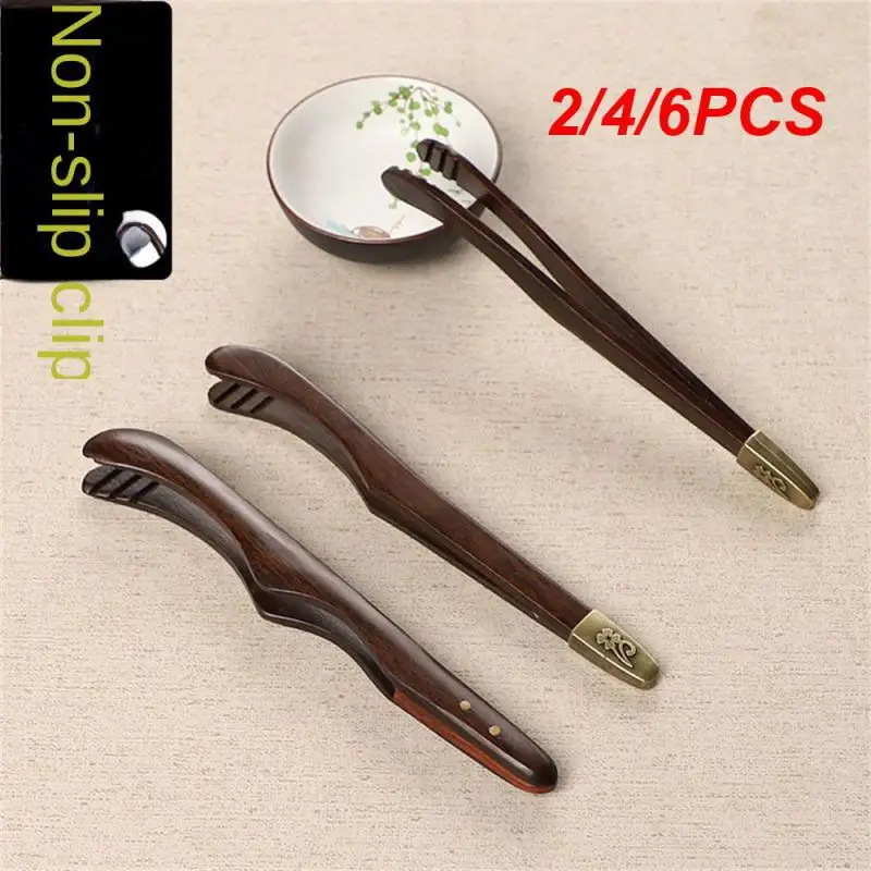 2/4/6PCS Tea Tweezers Versatile Non-slip Sawtooth Ebony Alloy Wooden Tongs Natural Bamboo Tweezers Convenient Fall-proof