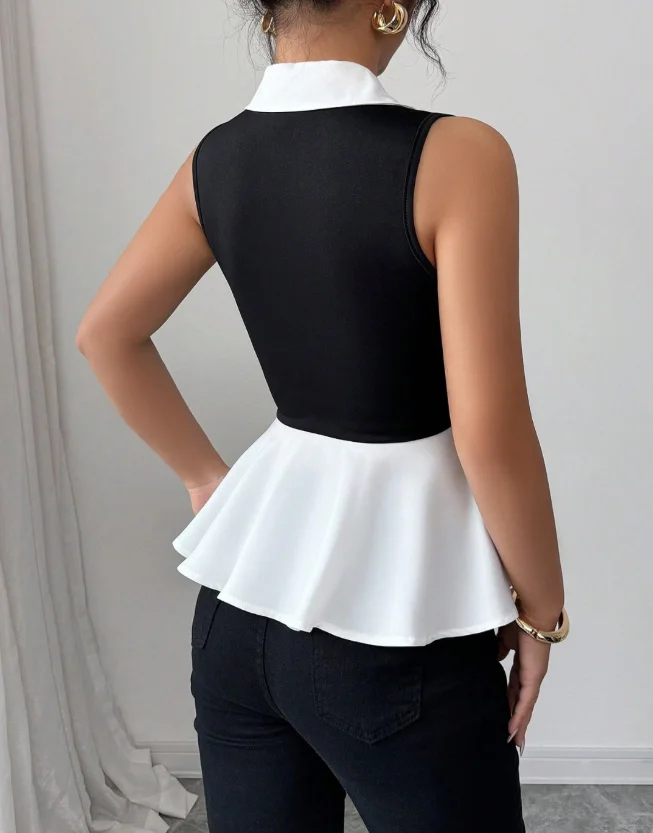 Top Women 2026 New Spring Summer Color Blocking V-Neck Button Decor Sleeveless Slim Fit Ruffles Hem Casual Daily Vest Top