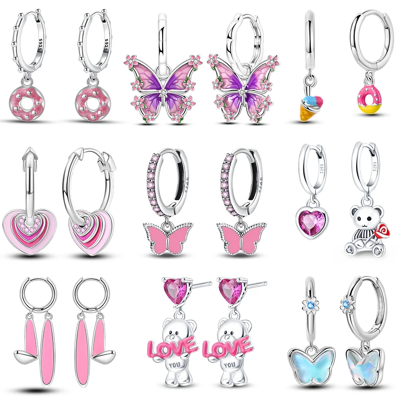 Women\'s 925 Silver Teddy Bear Rabbit Donut Pink Theme Sweet Romantic Priginal Design Earrings Engagement Party Exquisite Jewelry