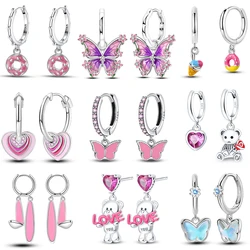 Women's 925 Silver Teddy Bear Rabbit Donut Pink Theme Sweet Romantic Priginal Design Earrings Engagement Party Exquisite Jewelry