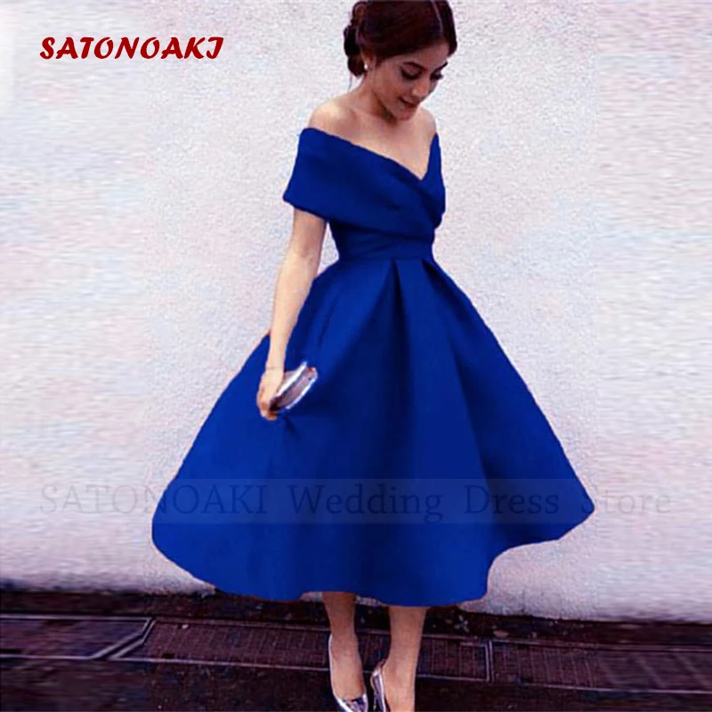 2024 Women\'s Elegant Off the Shoulder Satin Short Evening Prom Dresses Tea Length A-Line Party Dresses Vestidos De Noche Custom