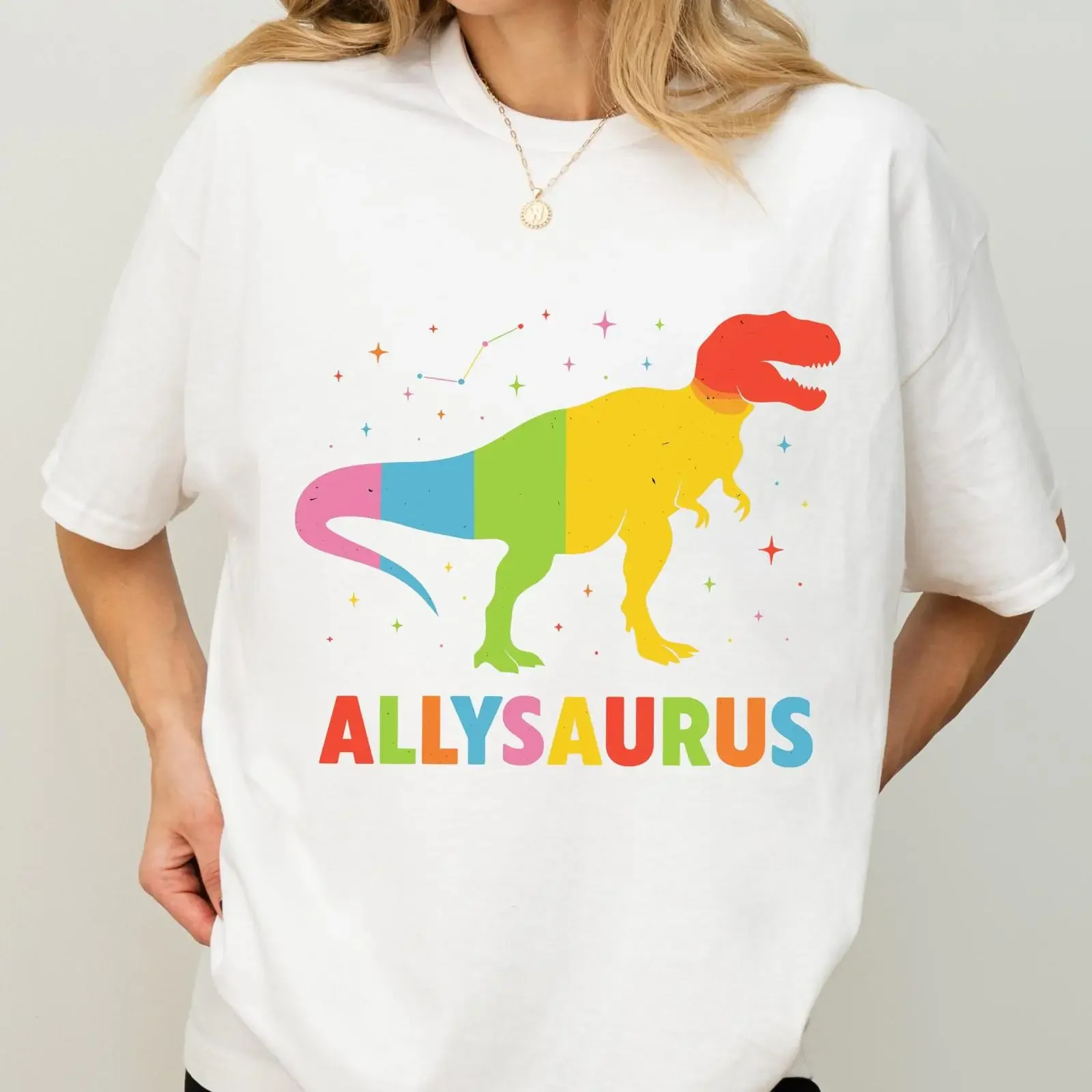 Allysaurus LGBTQ Pride T Shirt You Are Safe With Me Cute Rainbow Dinosaur Gay Trans Rights Support Casual Top vintage Washed
