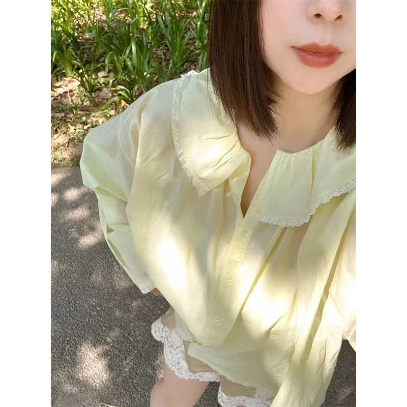 Susan French Sle Loose Fit Long Sve Cotton Lace Trim irt Top casual versatile in cotone sottile per giovani donne