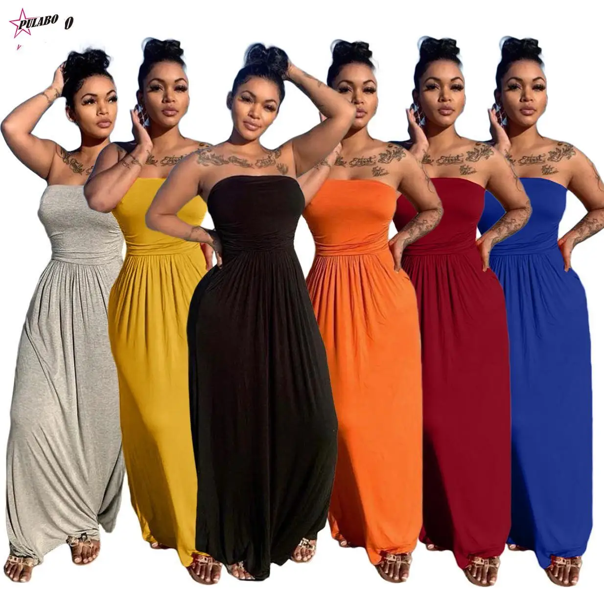 

PULABO Women Casual Strapless High Waist Loose Hem Maxi Dress for Streetwear Beach Sexy Summer Floor Length Long Dresses Female