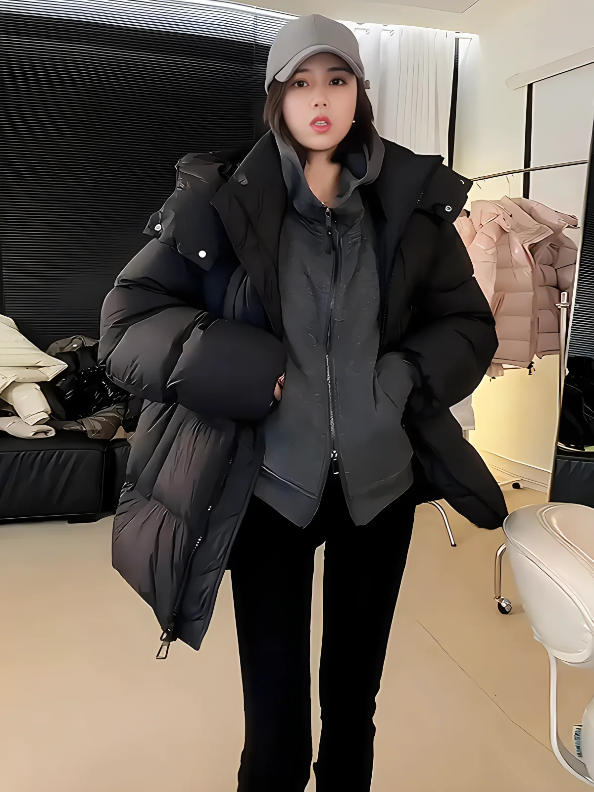 Winter Thickened Warm Black Zipper Hooded White Duck down Jacket Women's Fashionable Coat Stylish Commute Style Regular Length