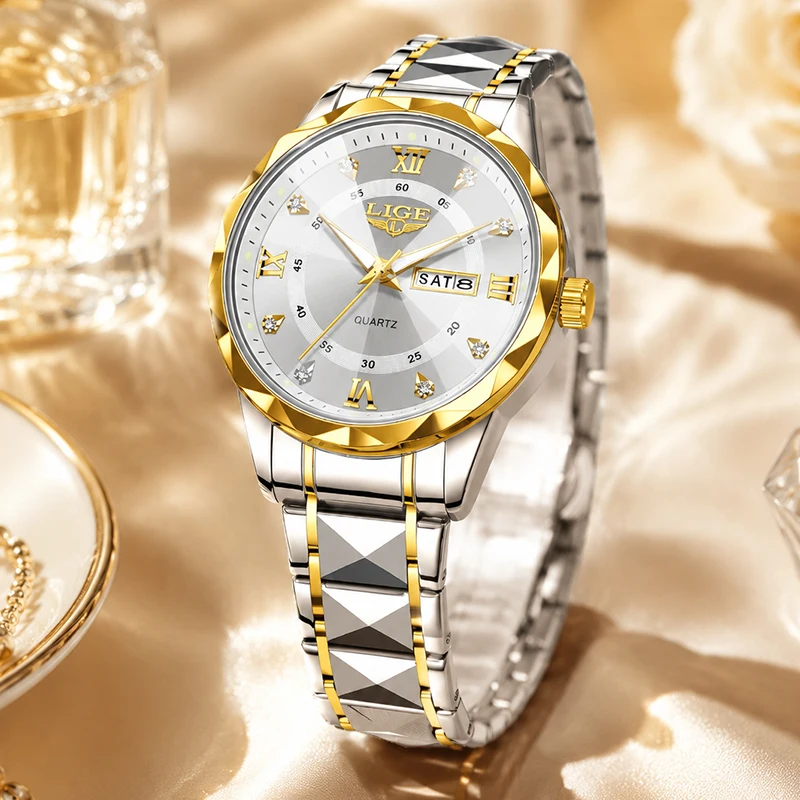 LIGE Elegant Ladies Watches Creative Gold Diamond Roman Numeral Quartz Wristwatch Luminous Day Date Waterproof Female Clock Gift