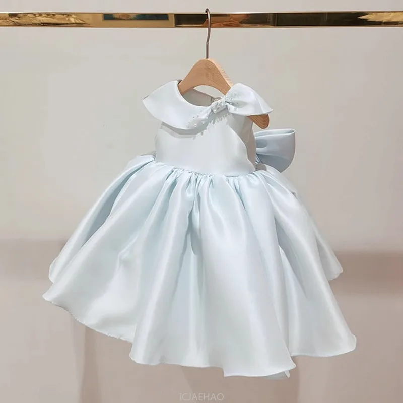 Wed Dress Kids Korean Style BabyChildren Hanbok Photo Shoot Flower Girl Satin Tutu Gown Girls First Birthday Dress Light Blue