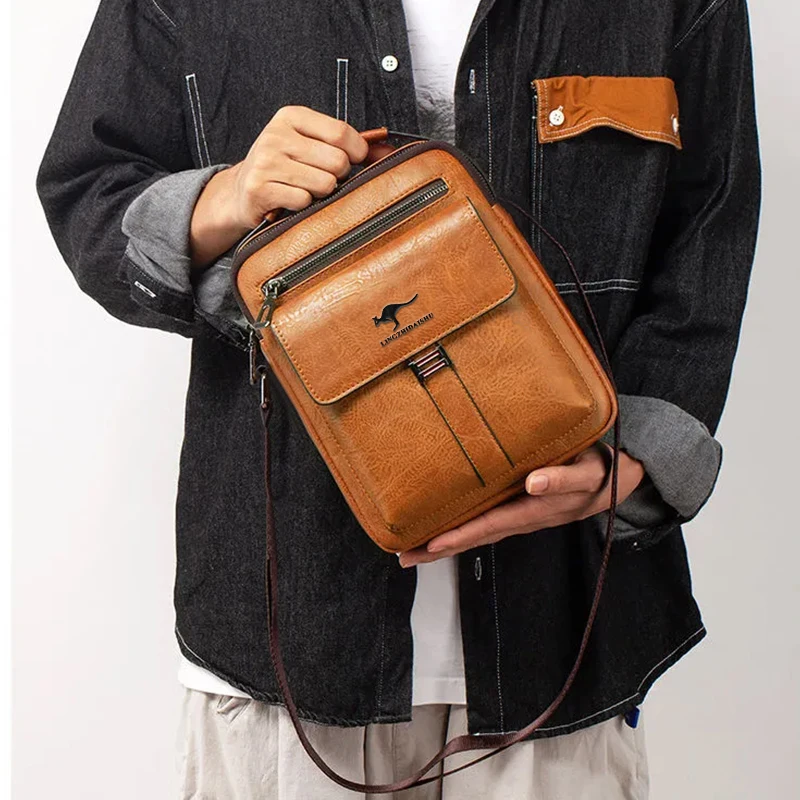 Men Multifunctional Leather Shoulder Bag Multi Pocket Crossbody Messenger Bag Business Travel Handbag with Top Handle Black image 6