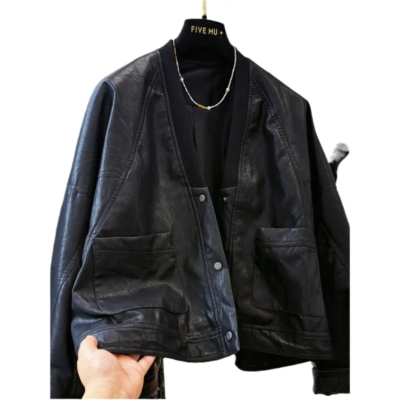 Premium Sense Huge Good-looking Lazy Style Loose Casual V-neck Pu Leather Jacket Women's Spring Autumn Bat Sleeve Leather Jacket