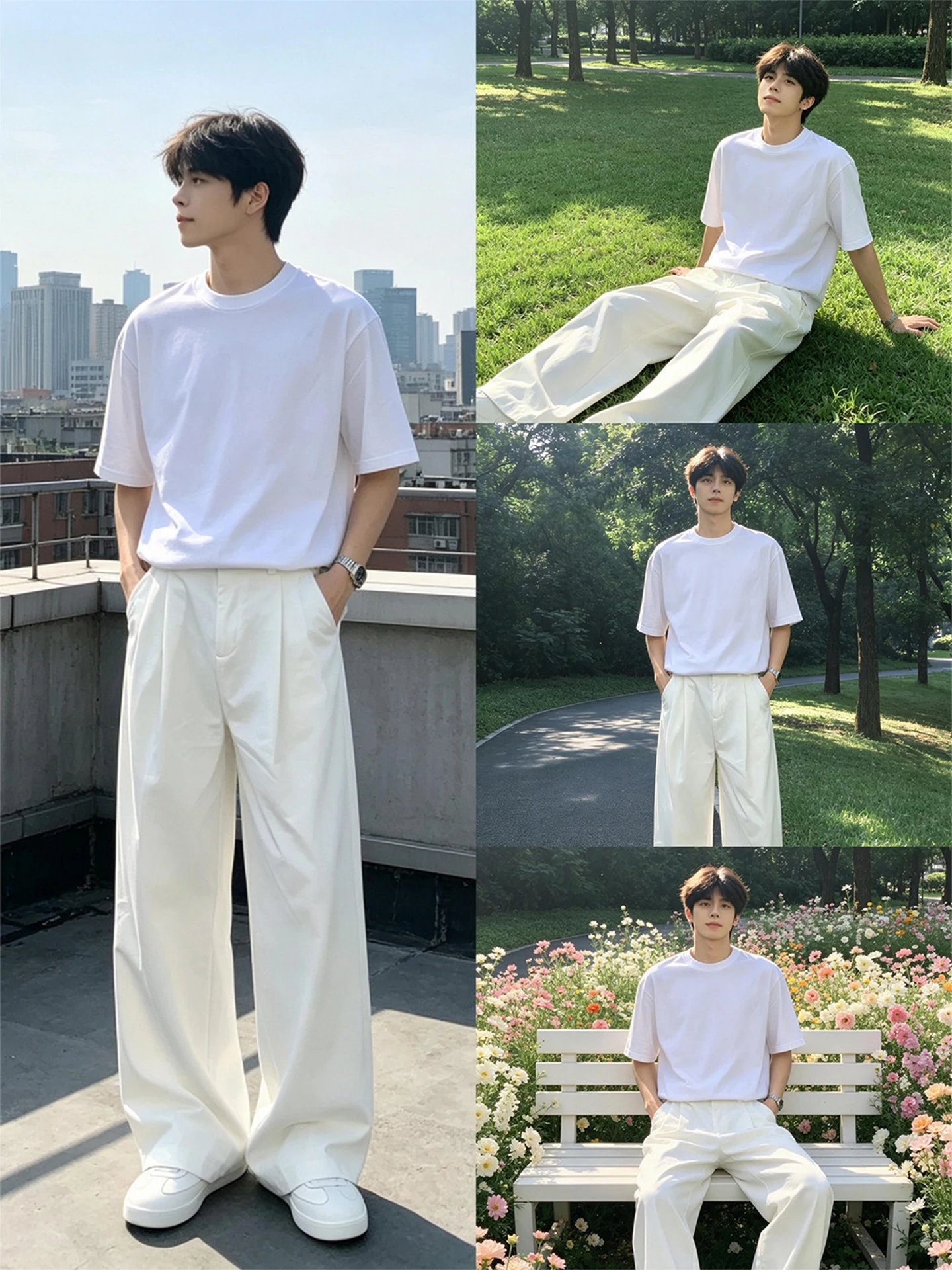 White Straight Leg Men's Summer Thin Ice Silk Casual Pants American Style Suit Collar Trendy Versatile Lightweight Trousers