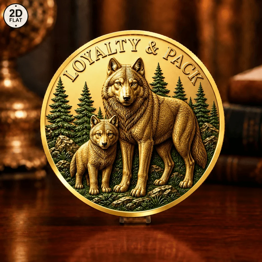 1pc Lion & Wolf Family 2D Printed Metal Challenge Coin Courage Honor Loyalty Wildlife Commemorative Medal Inspirational Keepsake