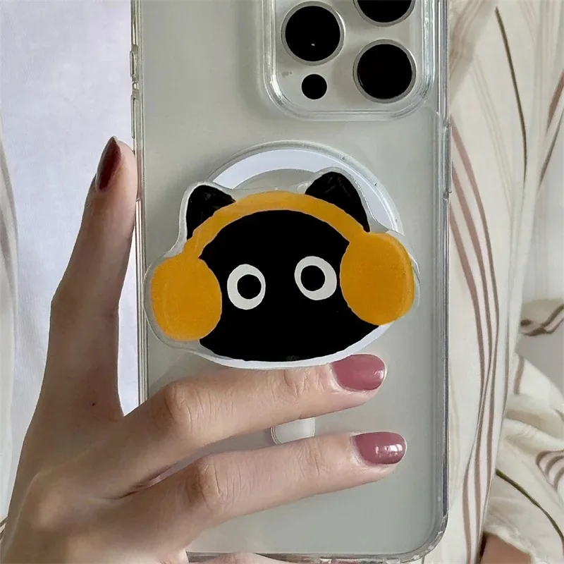 

Korea Cute Cartoon Black Cat For Magsafe Magnetic Phone Griptok Grip Tok Stand For iPhone 16 15 14 Wireless Charging Case Holder