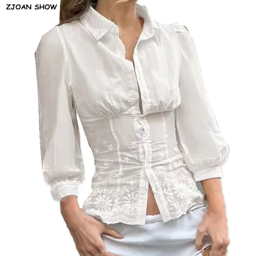 

2025 ШИКАРНАЯ белая хлопковая рубашка с вышивкой и лацканами, женская однобортная рубашка с пышными рукавами и тонкой талией, блузки