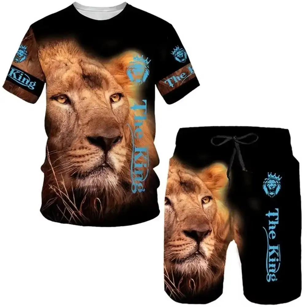 2025 Latest Men's Daily Leisure Sports Set Fashion Printed 3D Lion Pattern T-shirt Shorts Set Summer Leisure Breathable