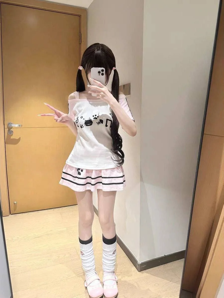  Claw Print Short Sleeve T-Shirt Skirt Set Summer Y2K School Uniform Style Cute Japanese Subculture Women's Clothing