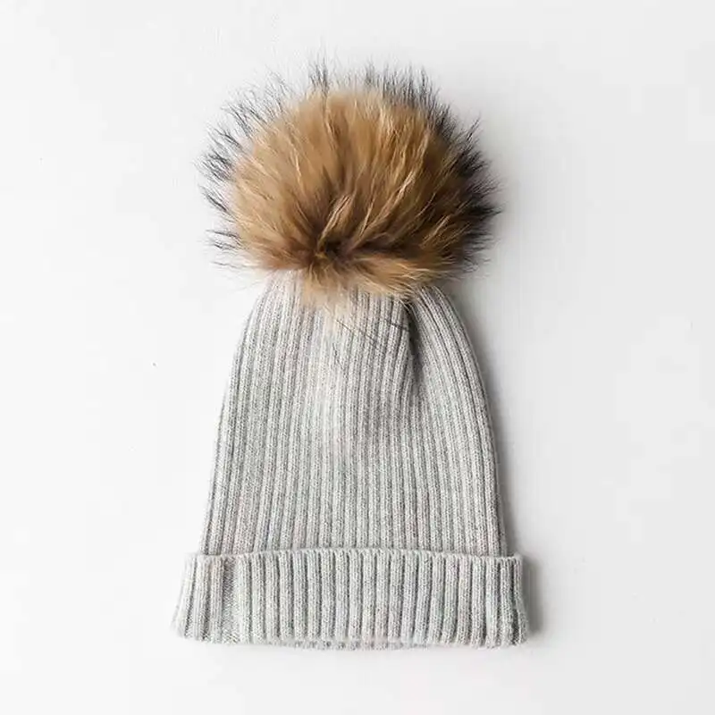 

Pompoms Fur Knitted Winter Hats For Women Pompoms Beanies Thick Winter Hats Natural wool Female Beanies Caps Warm Hat