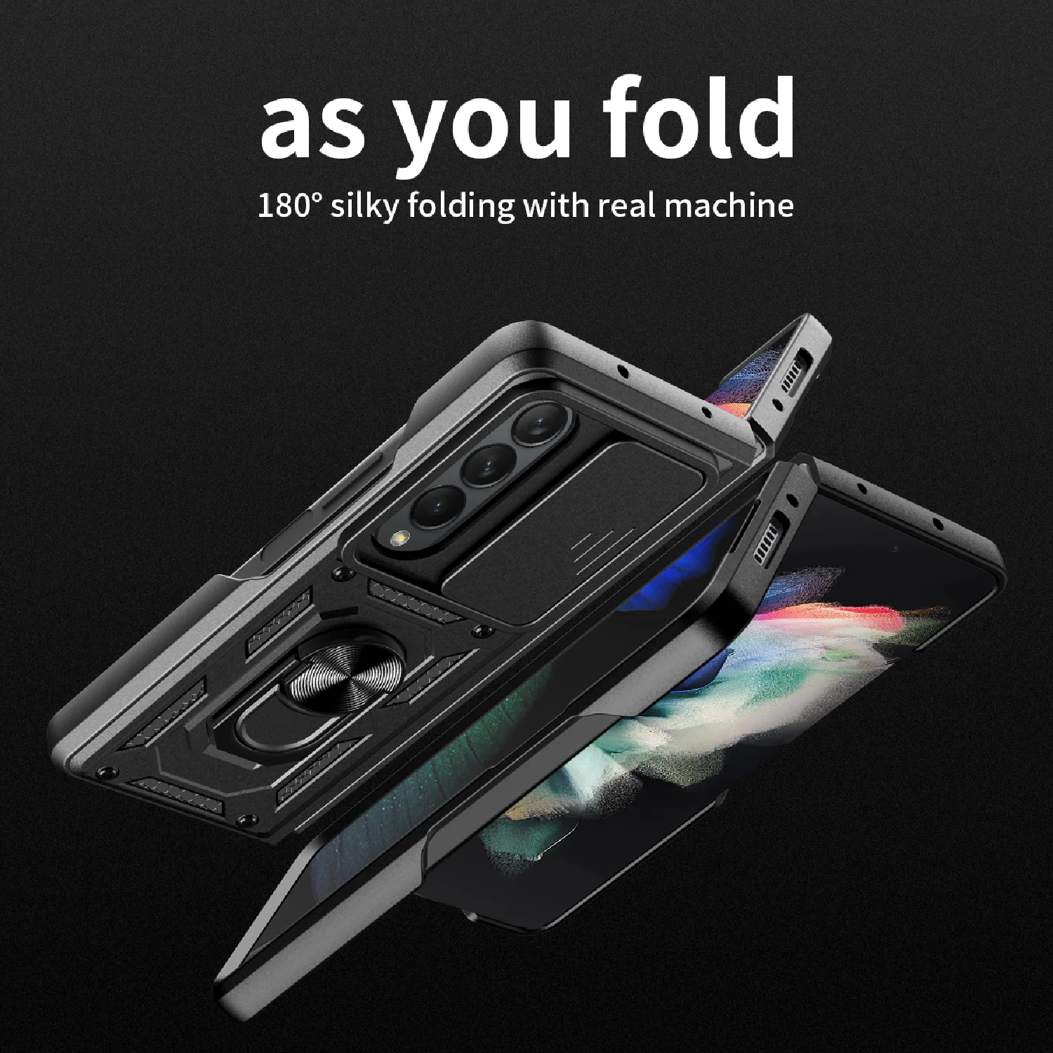 Lens Protection For Samsung Galaxy Z Fold 4 Case Sliding Window Finger Ring Stand Shockproof Cover For Zfold3