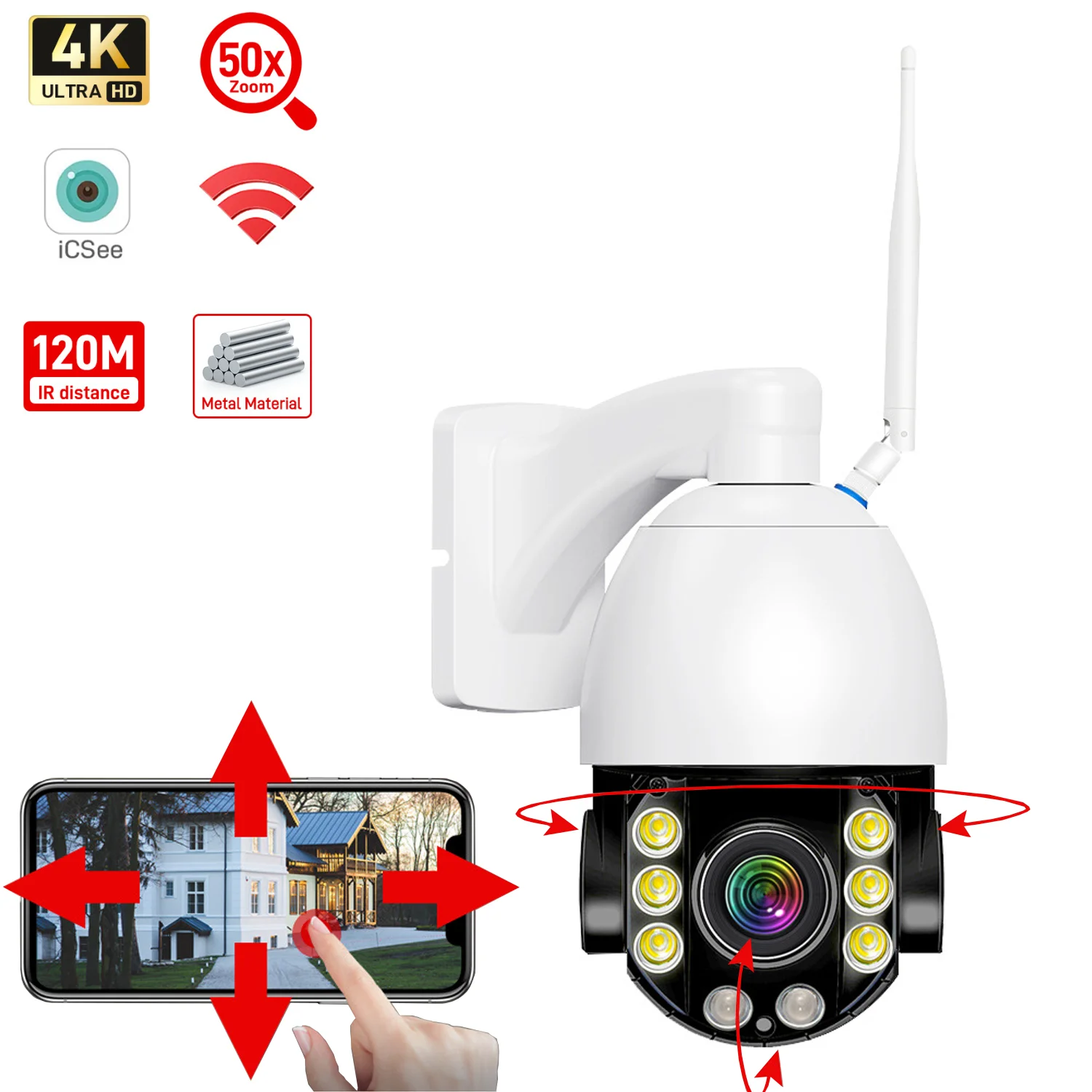 

WIFI IP Camera 50X Zoom Camera 8MP 4K CCTV PTZ AI Human Alarm Onvif Speed Dome Cam 120M IR Distance Surveillance Camera iCSee