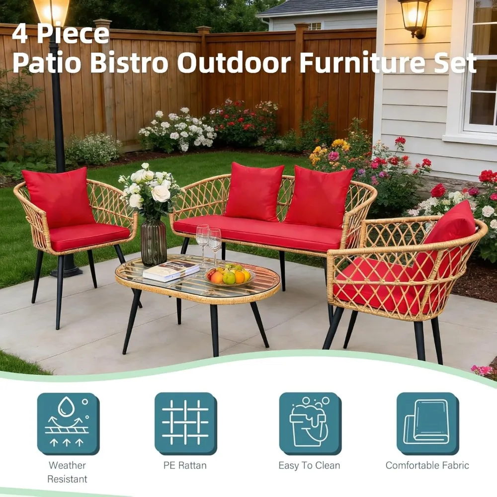 

4 Piece Patio Furniture Set, Outdoor Conversation Set with Wicker Sofa, 2 Rattan Chairs and Glass Table, Patio, Customized