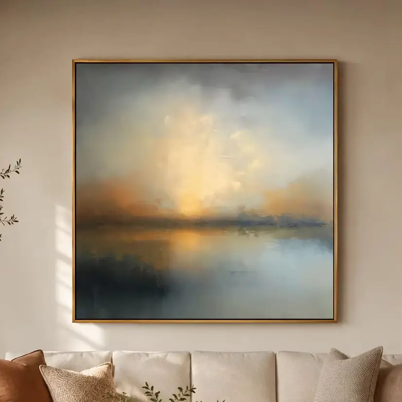 Glowing Horizon – Hand-Painted Atmospheric Sunset Lake Abstract Landscape Painting | Contemporary Landscape Living Room & Dining