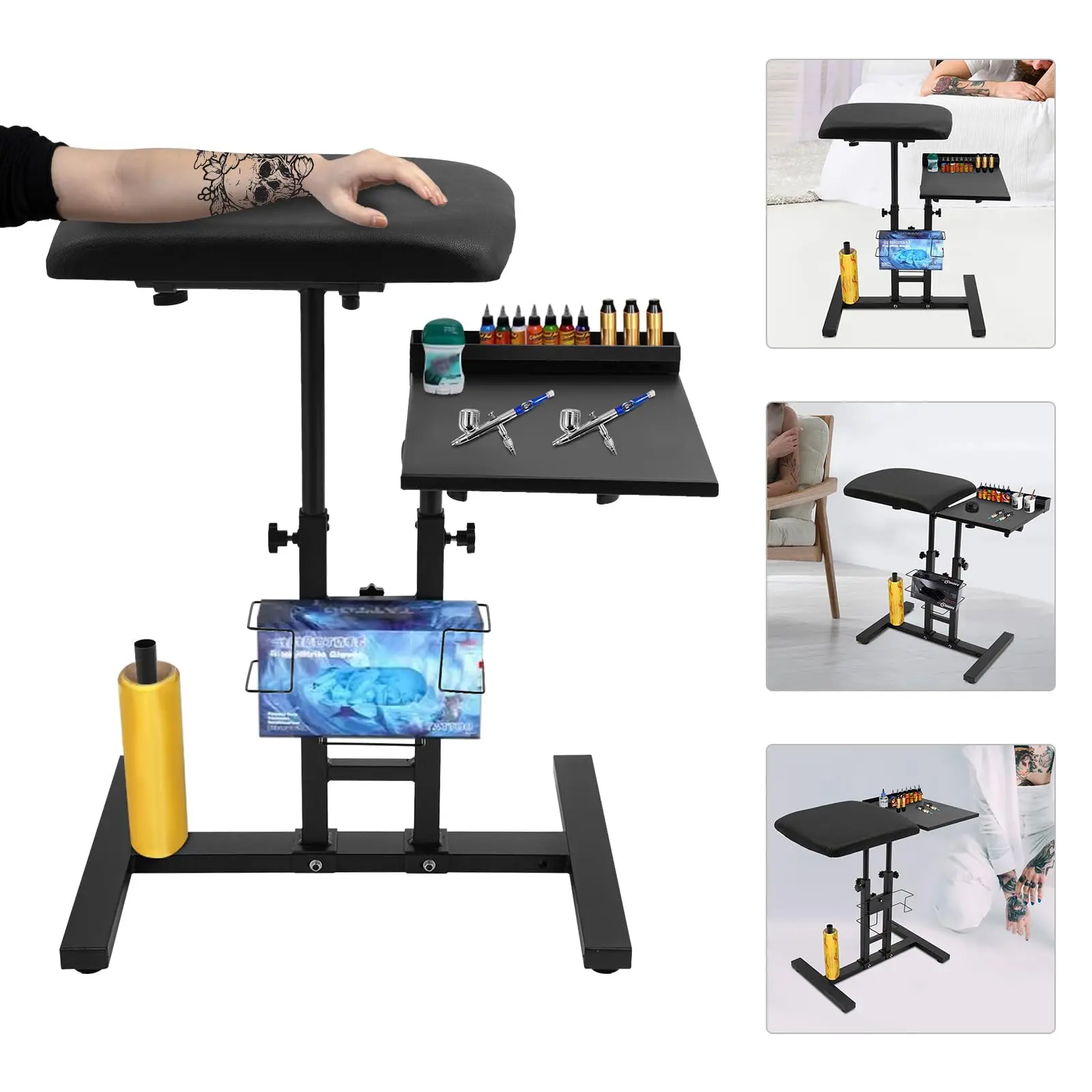 حامل مسند ذراع وشم قابل لضبط الارتفاع مع وسادة جلدية سوداء كبيرة الحجم، 360 درجة °   منضدة عمل قابلة للدوران، وقاعدة مضادة للانزلاق، وتخزين