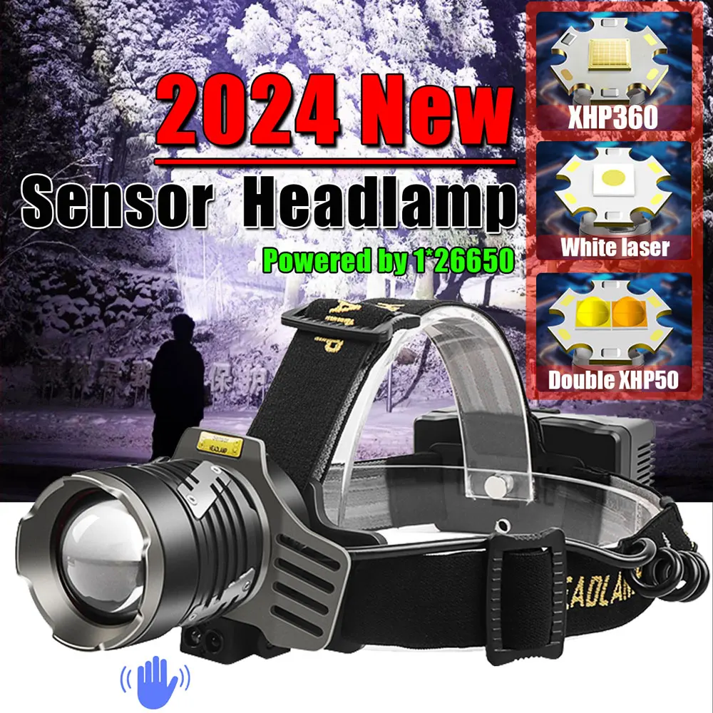 Upgraded 26650 Battery Powered Led Headlamps Super Bright Motion Sensor Head Flashlight IP68 Waterproof Lamp for Camping Fishing