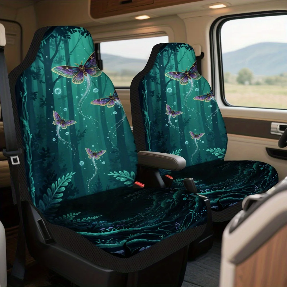 Set Of 2, Car Covers Featuring A Magical Forest Moths Theme – Complete Set For Front Seats, Universally Compatible, High-Quality