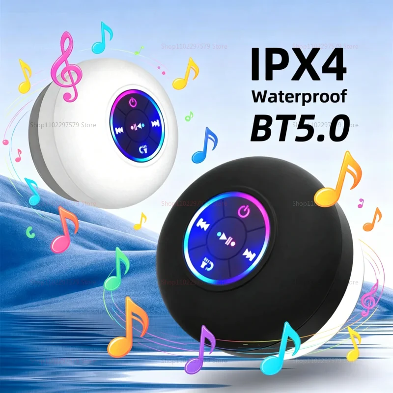 Mini Bluetooth Speaker,Wireless Portable Shower Subwoofer, Multifunction LED Lights with Suction Cup IPX4 Waterproof Loudspeaker