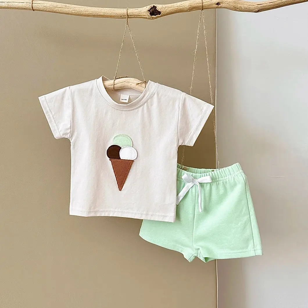 2Pcs Boy Girl Summer New Baby Clothes Sets Children Clothing Ice Cream Print T-shirt+Shorts Infant Toddler Outfit Suit Clothes