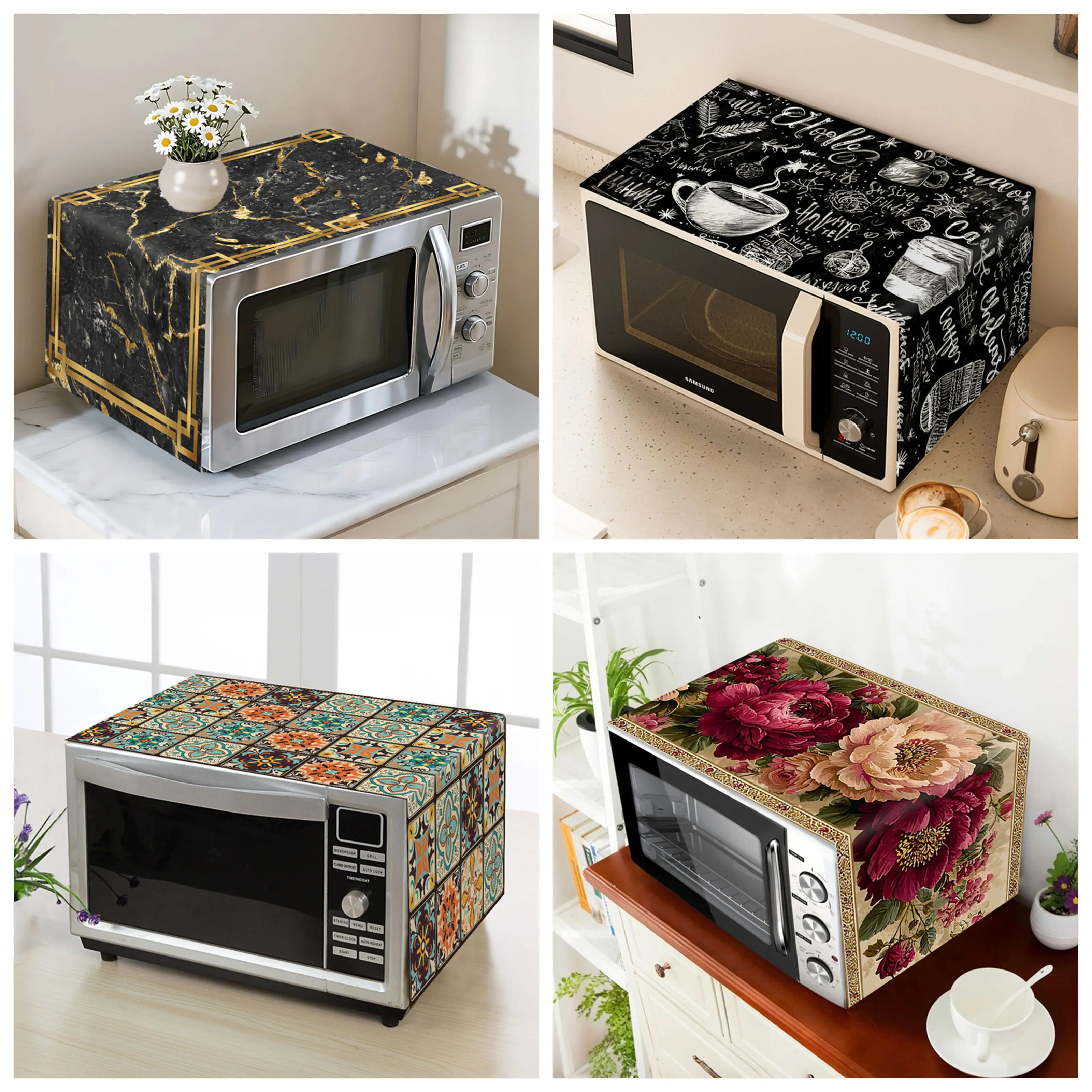 35x85cm Polyester Microwave Dust Cover Mixed Theme Oilproof Oven Dust Cover Easy to Clean Kitchen Decor Mat for Home Appliance