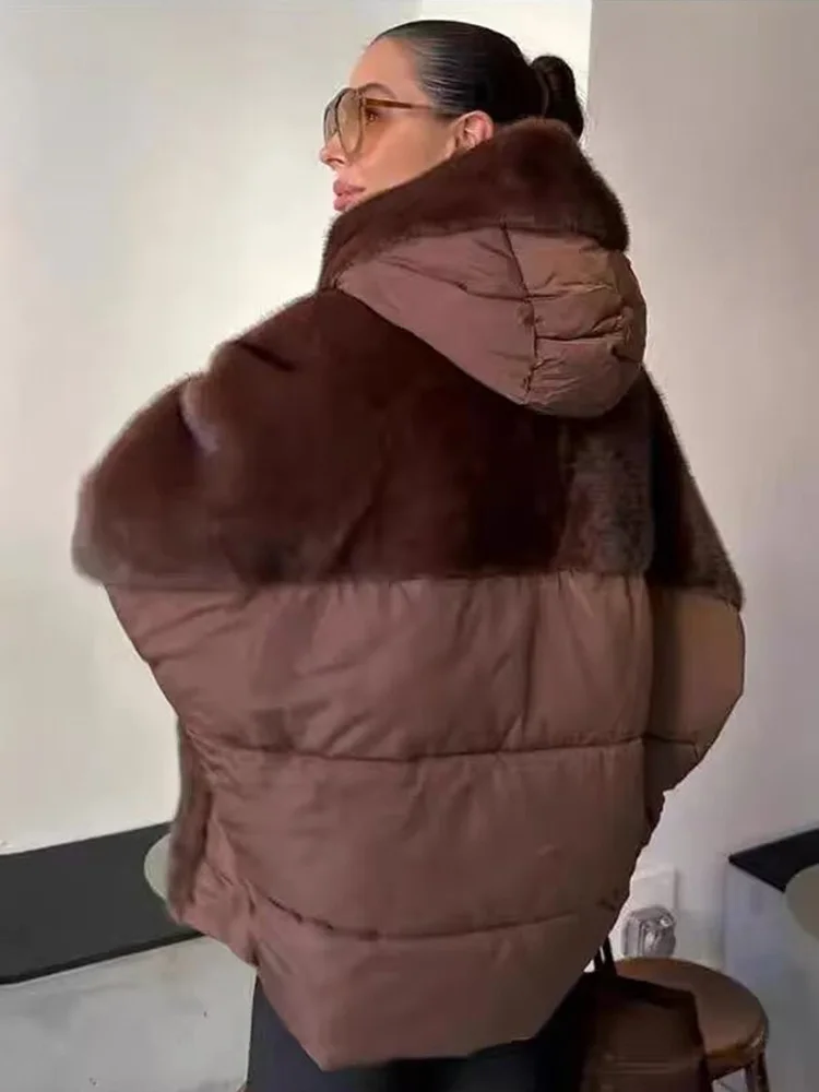 

HH Women Fashion 3-Color Hooded Splice Coat Female Zipper Pockets Short Warm Plush Decoration Long Sleeve Winter Cotton Coat