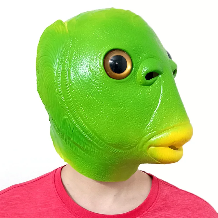 

Green head fish head mask, cute, funny, silly, sand carved fish head monster, strange person, green mask