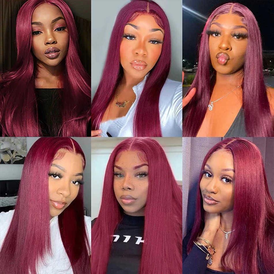 99j Red Colored Lace Front Human Hair Wigs 13x4 Burgundy HD Transparent Pre Plucked Lace Frontal Human Hair Wigs 180% Density