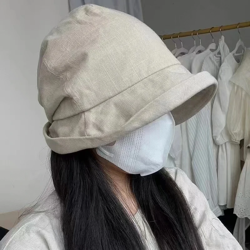 Japanese Cotton Linen Pleated Women Fisherman Hat Small Brim Summer UV Resistant Breathable Linen Bucket Hat Wrapped Head Ladies