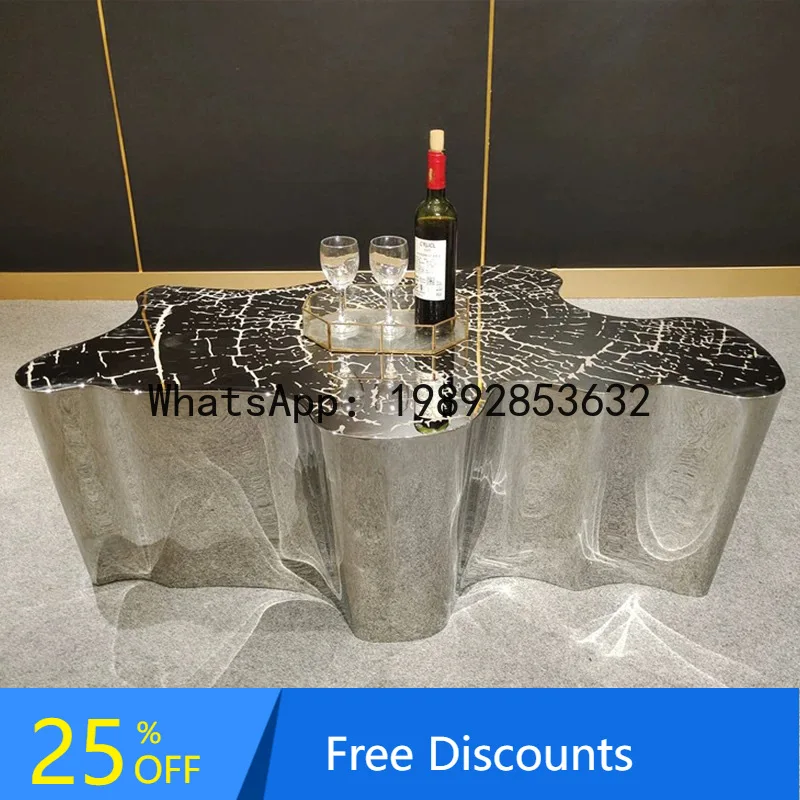 

CZ Stainless Steel Coffee Table Simple Modern Living Room Home Irregular Creative Metal Etched Tree Root Tea Table