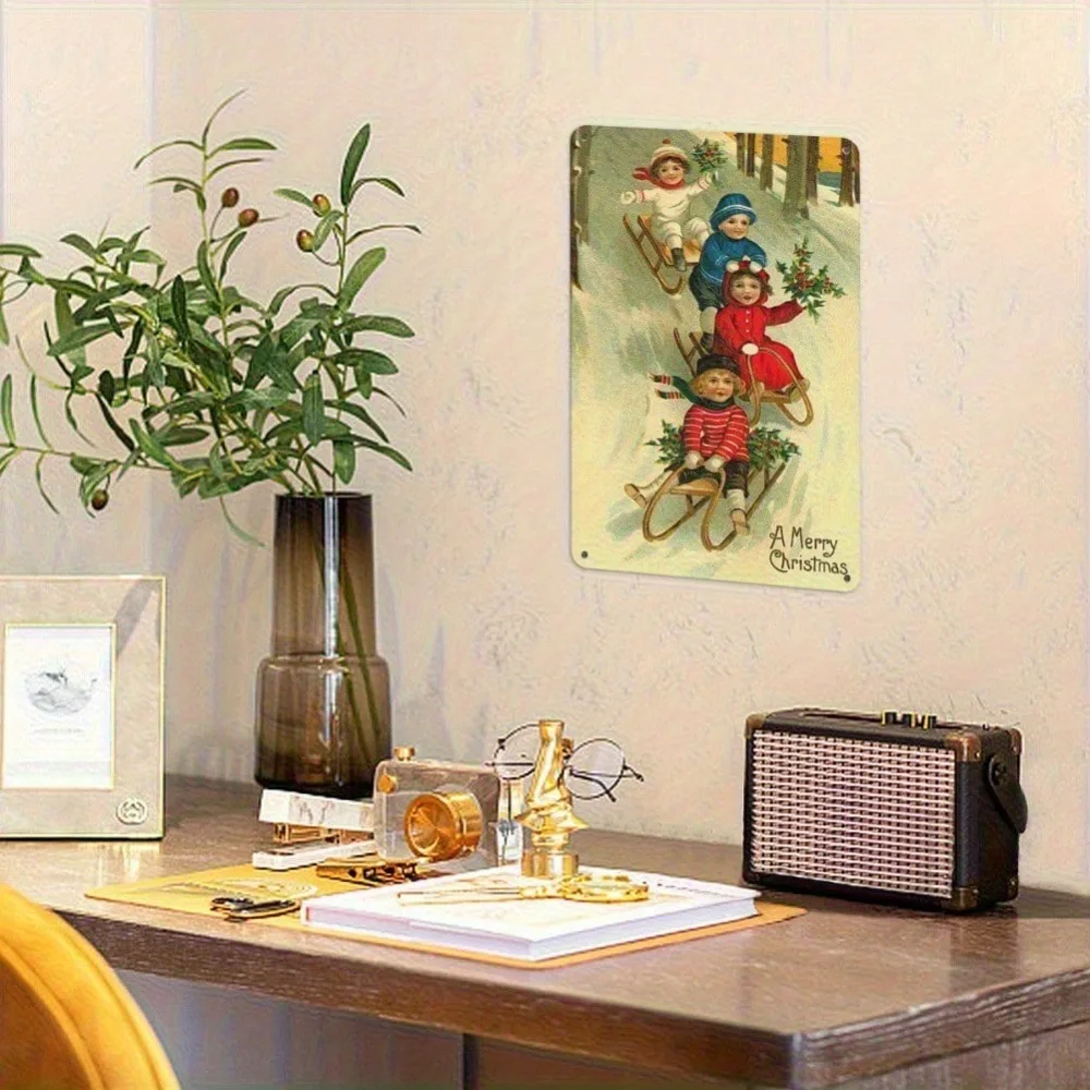 لافتة قصدير معدنية عتيقة لعيد الميلاد مقاس 12 × 8 بوصة - ديكور حائط ريفية للأطفال على زلاجات عيد ميلاد سعيد، شريط منزلي متين للاستخدام الداخلي والخارجي Ca
