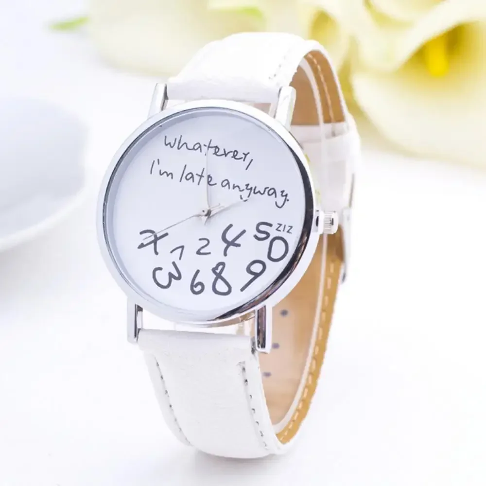 Women Whatever Im Late Anyway Letter Round Dial Faux Leather Strap Quartz Watch Fashion Letters Numbers Adjustable Women\'s Watch