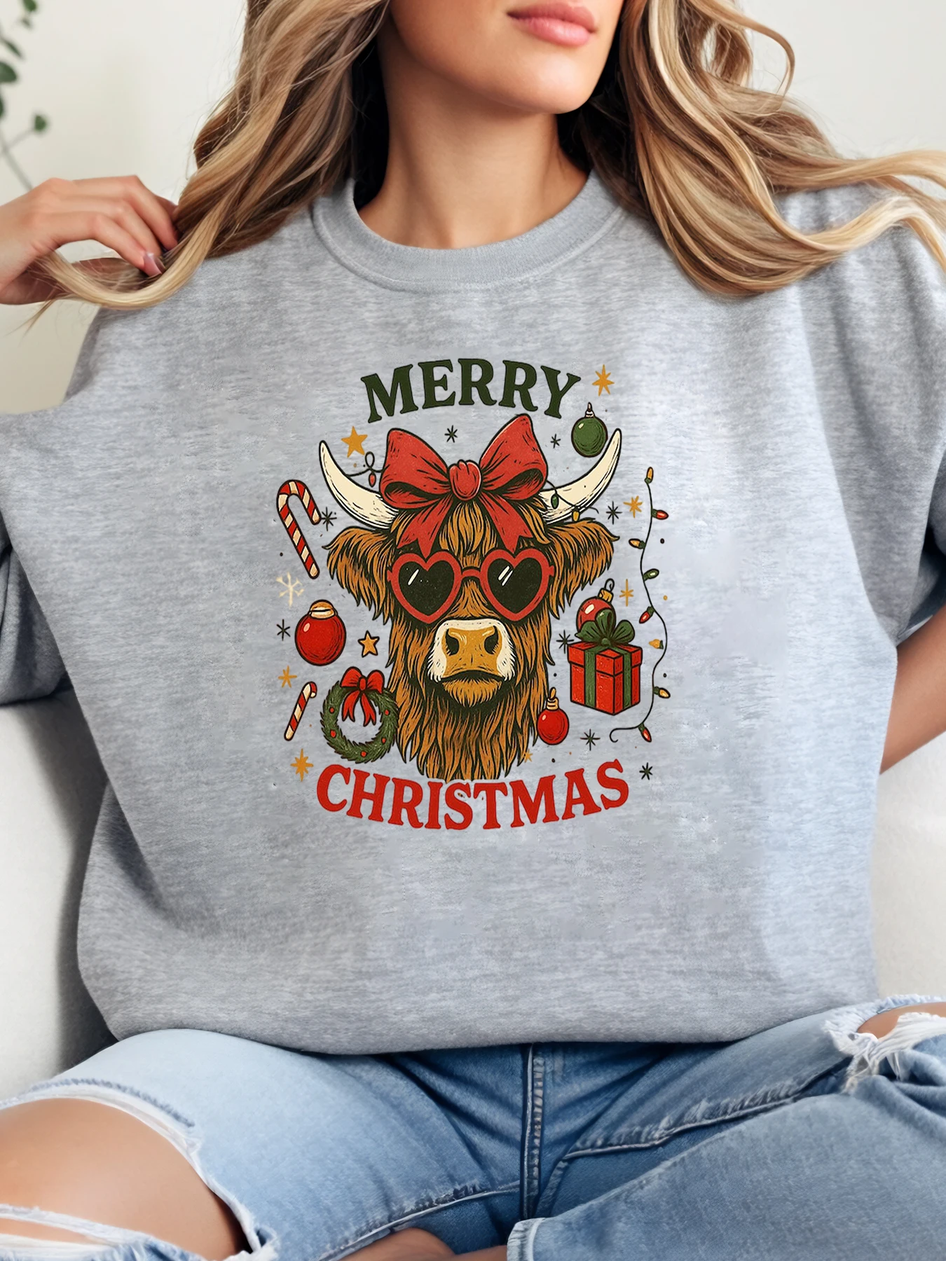 

Christmas Cow in Barrel with Snowflakes and Gifts Holiday Sweatshirt Women Casual Wear Winter Gray Plus-Size