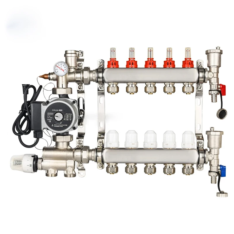 DN25 Stainless steel heating manifold kit with flow meter/mixing water pump/induction handwheel, default 3/4 