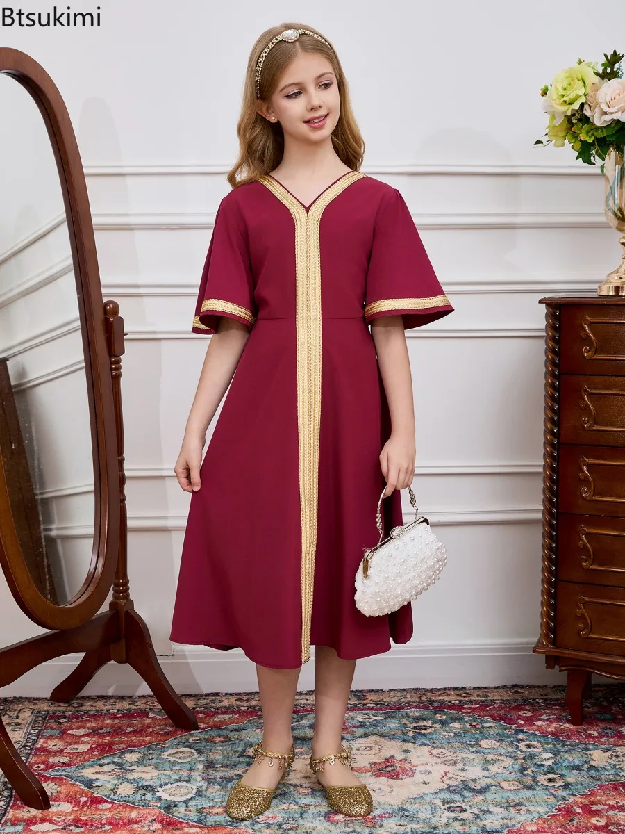 Moda Muçulmana Abayas para Crianças, Vestido de Oração para o Ramadan, Vestido Casual de Manga Curta para Meninas, Fantasia de Festa Eid Infantil de D